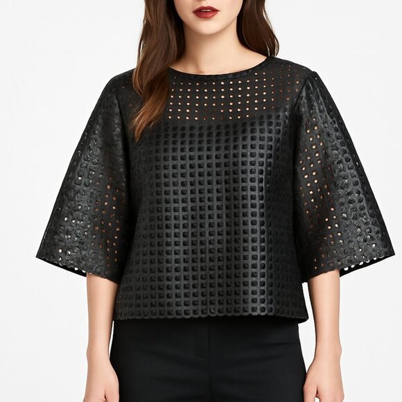 Faux Leather Basketweave Perforated Bell Sleeve Top Edgy Sculptural Minimalist - Picture 1 of 8
